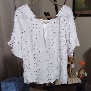 White Eyelet Tie-Neck Peasant Tunic